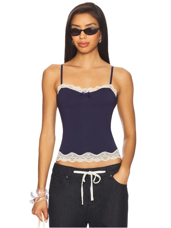Lioness Tops - Lioness Navy Blue Lace-Trim Camisole